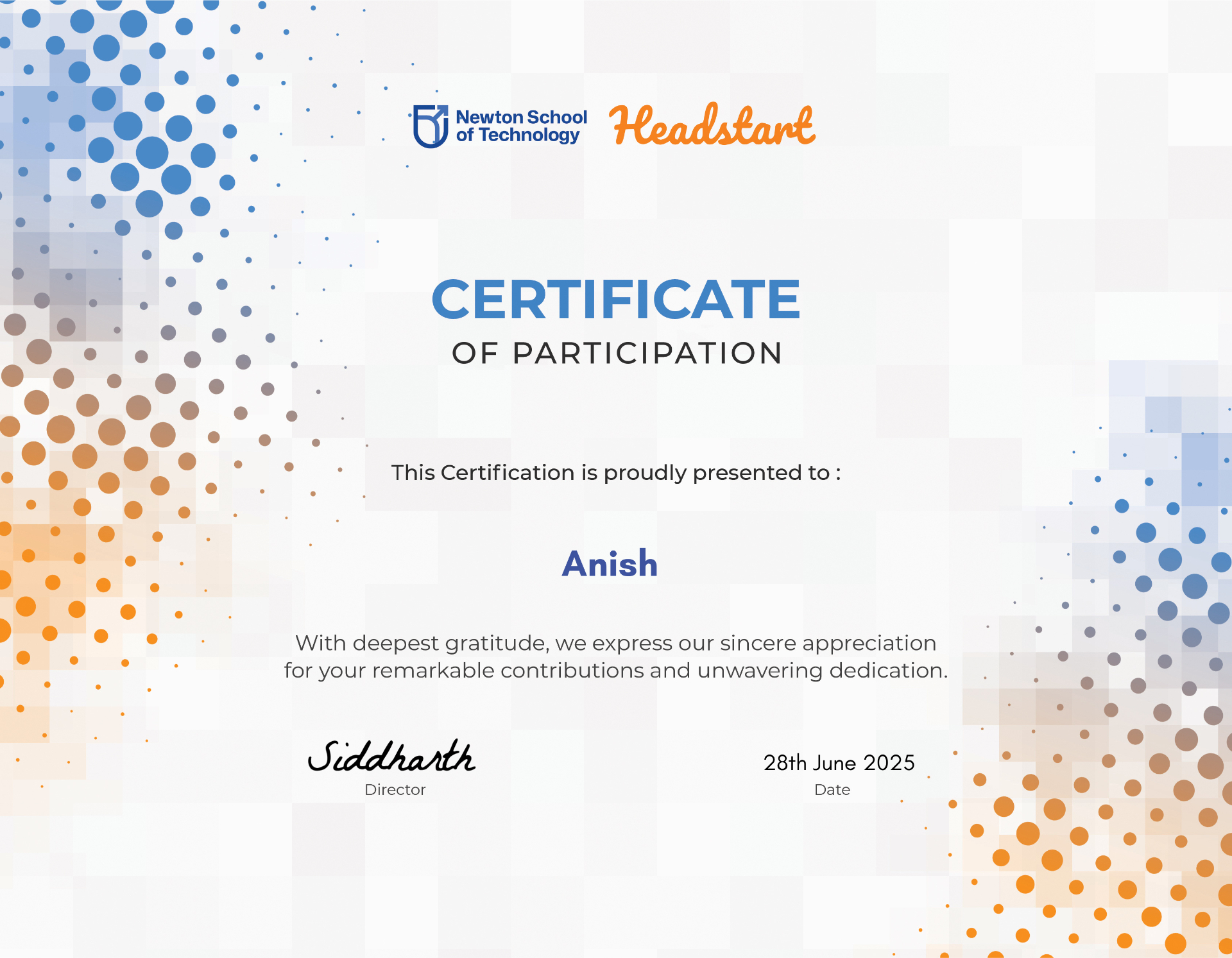 Headstart — Certificate of Participation — Newton School of Technology