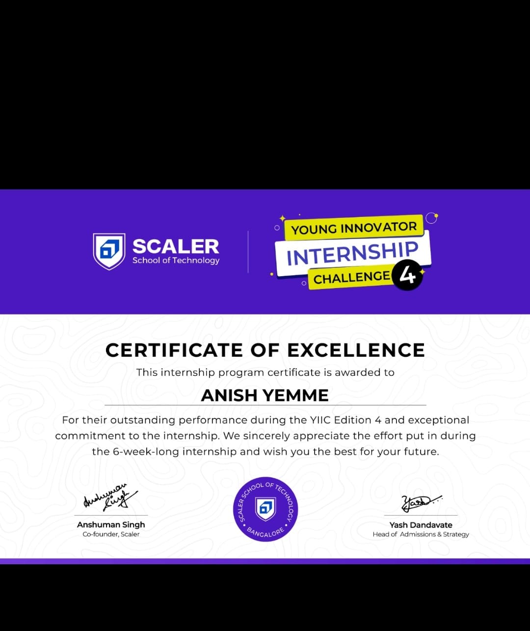Young Innovator Internship Challenge — Excellence — Scaler School of Technology